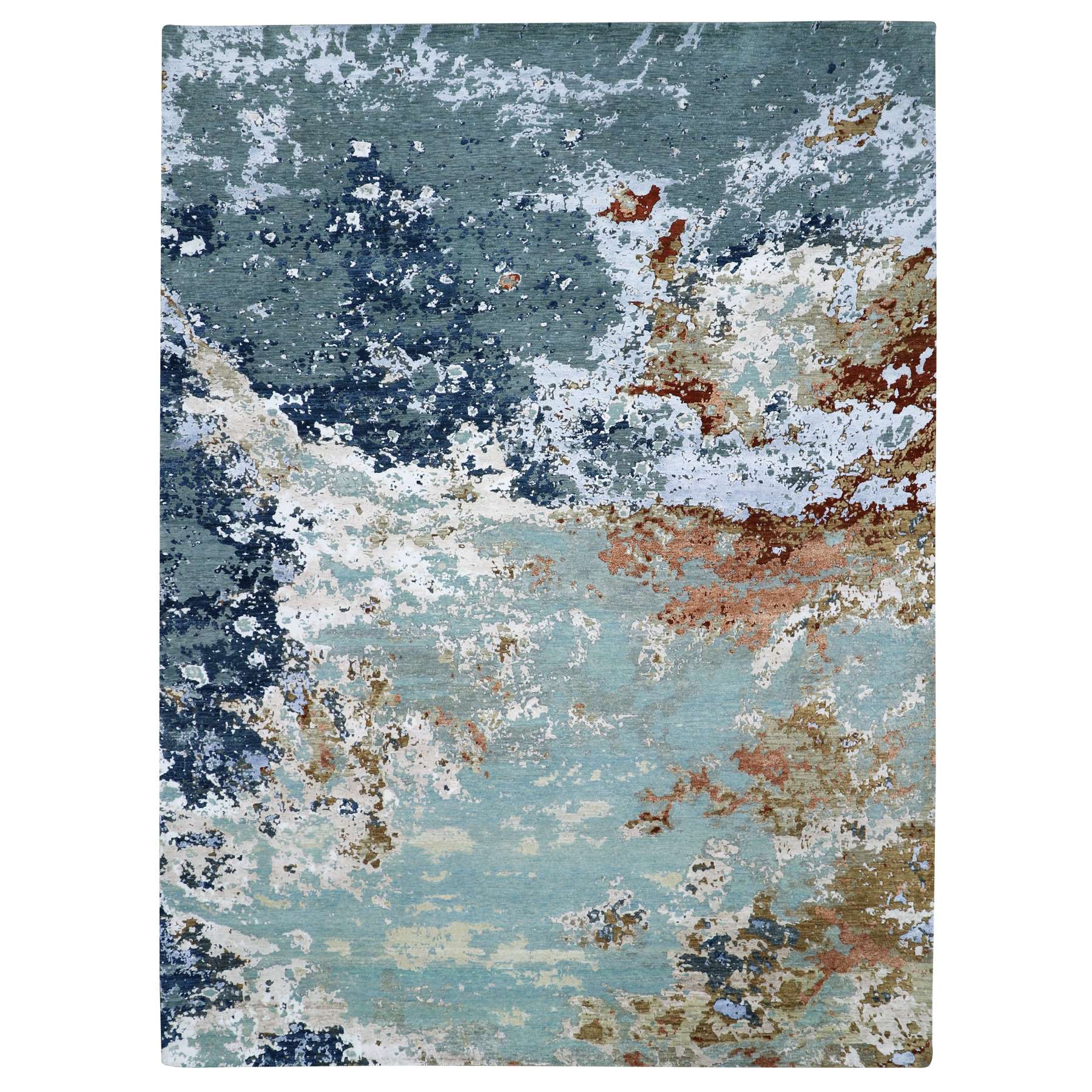 Light Blue with Gray, Densely Woven, Persian Knot, Abstract with Galaxy Design, 100% Wool, Hand Knotted, Oriental Rug